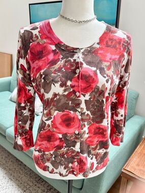 Talbots Floral Cardigan | Women’s Size LP | 60% Cotton Rayon Blend | Pink/Red